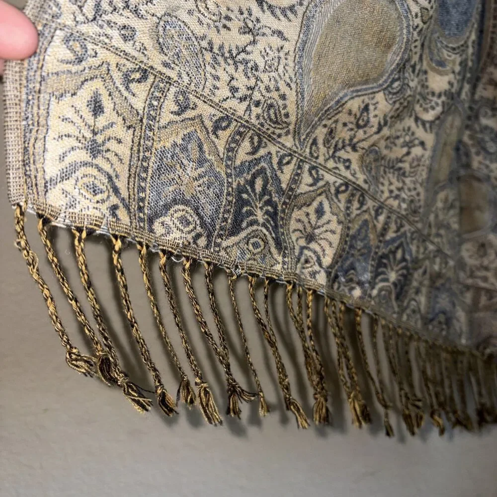 Silk Cashmere Scarf Wrap Shawl Paisley Floral Boho Wrap 28x74 Wide Fringe